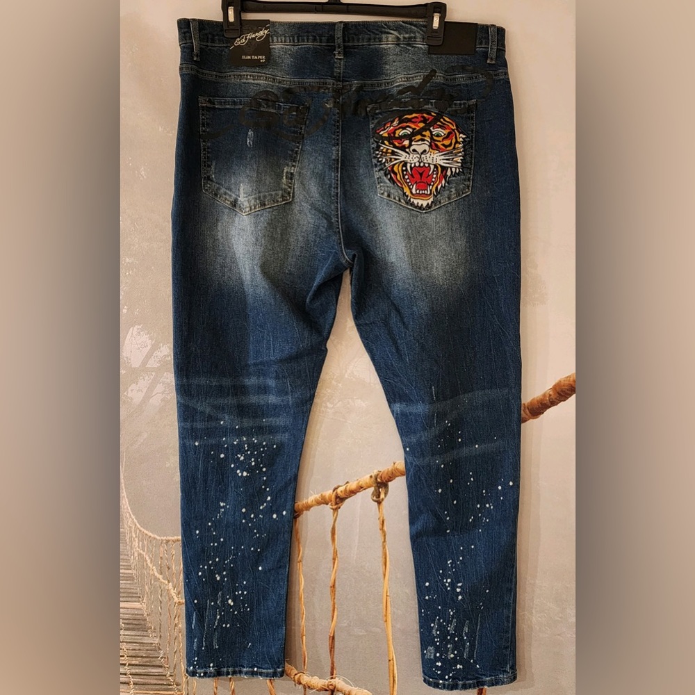ED HARDY Men's Distressed Embroidered Tiger Head Skinny Jeans sz 40 - Picture 5 of 13